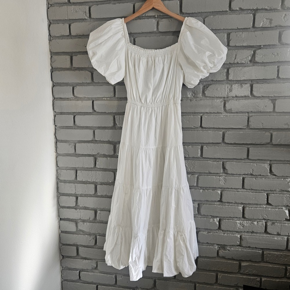 Jason Wu White Cotton Puff Sleeve Tiered Midi Dress JP2112501 Womens 2